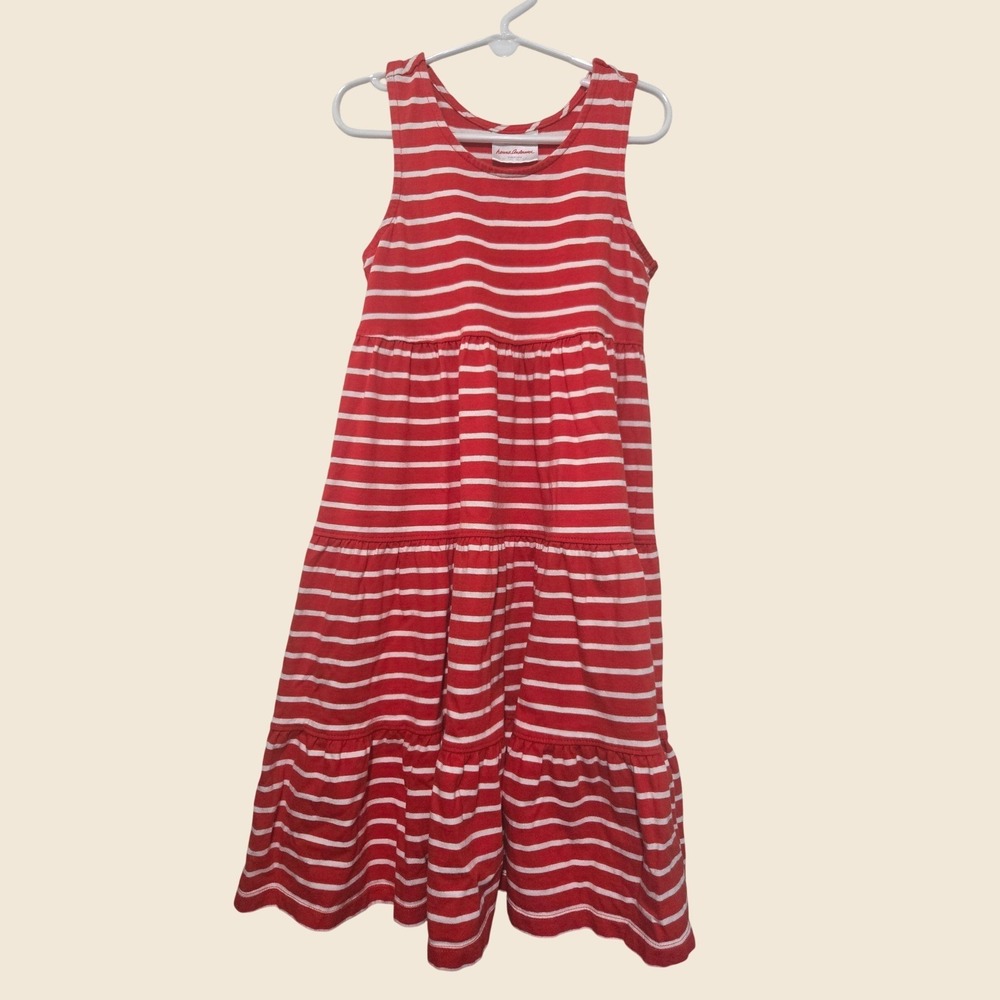 Hanna Andersson Girls Red White Striped Tiered Maxi Dress Size 130 US 8 Cotton